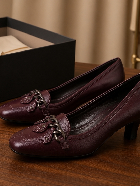 ANTONIO MELANI Shoes - ANTONIO MELANI Burgundy Leather Mid-Heel Chain Detail Pumps